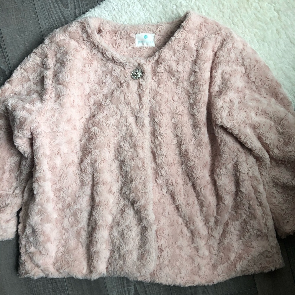 Pink 50s Style Cropped Faux Fur Jacket w/ Jewel